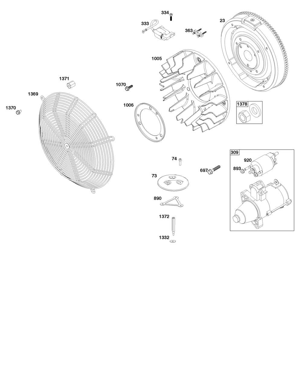 Flywheel, Ignition, And Starter Group Diagram and Parts List for 613477-0242-J1 400000 - 699999 Briggs and Stratton Engine